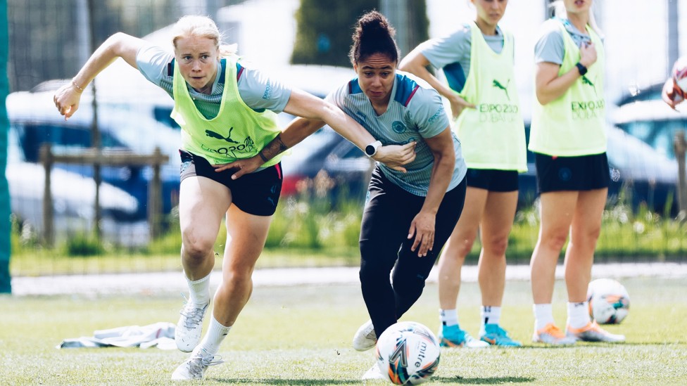 LASER FOCUS : Julie Blakstad and Demi Stokes have eyes only for the ball