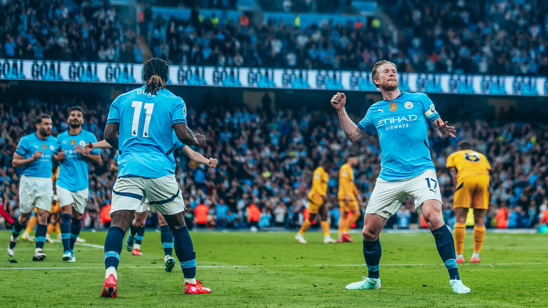 GET IN: KDB can't contain his delight after his strike.