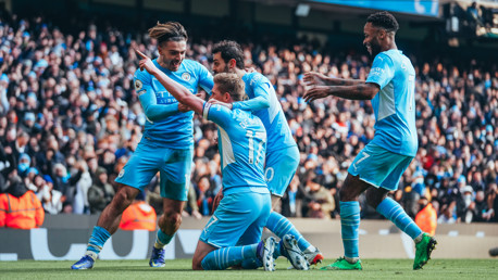 GOAL: The boys celebrate De Bruyne's brilliant strike 