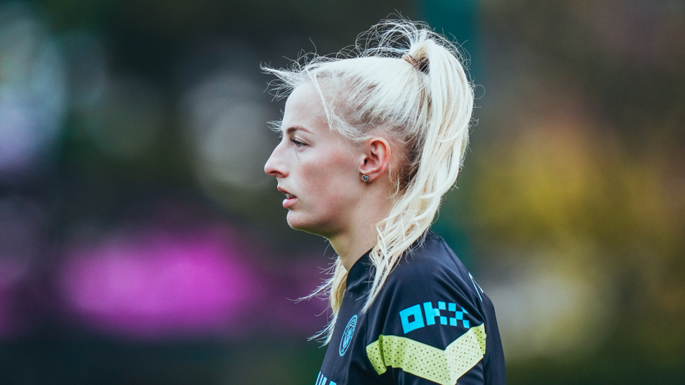 GAME FACE  : Chloe Kelly maintains her focus during the session