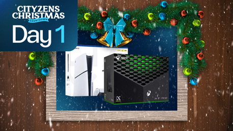 Christmas-themed promotion image showing Xbox and PlayStation consoles surrounded by festive decorations, labeled 'Cityzens Christmas Countdown Day 1'.