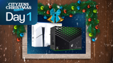 Christmas-themed promotion image showing Xbox and PlayStation consoles surrounded by festive decorations, labeled 'Cityzens Christmas Countdown Day 1'.