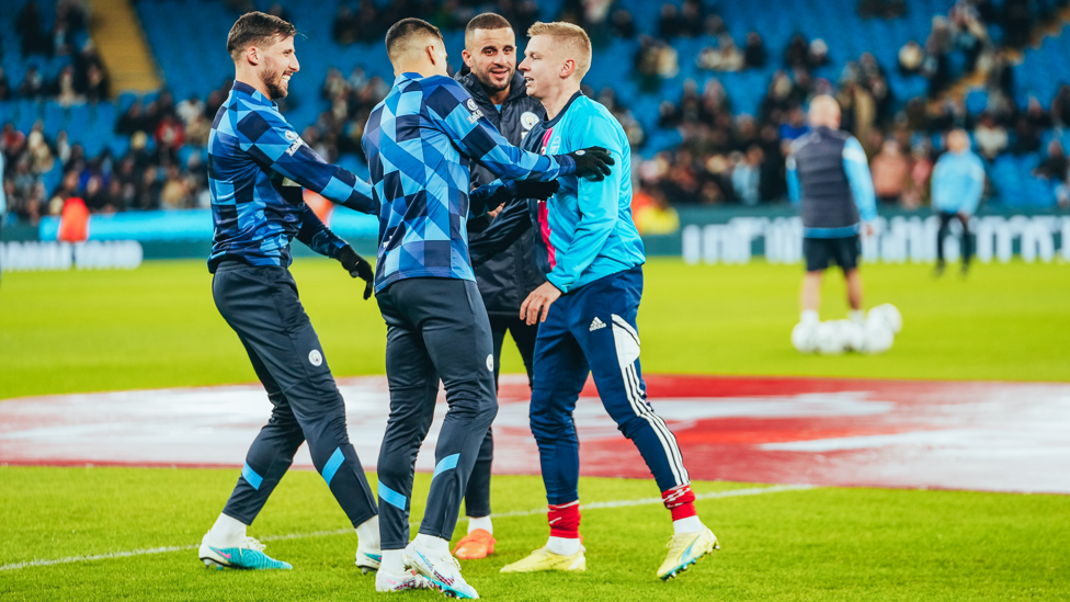 HELLO OLD FRIEND : Dias, Walker and Cancelo welcome Zinchenko back at the Etihad.