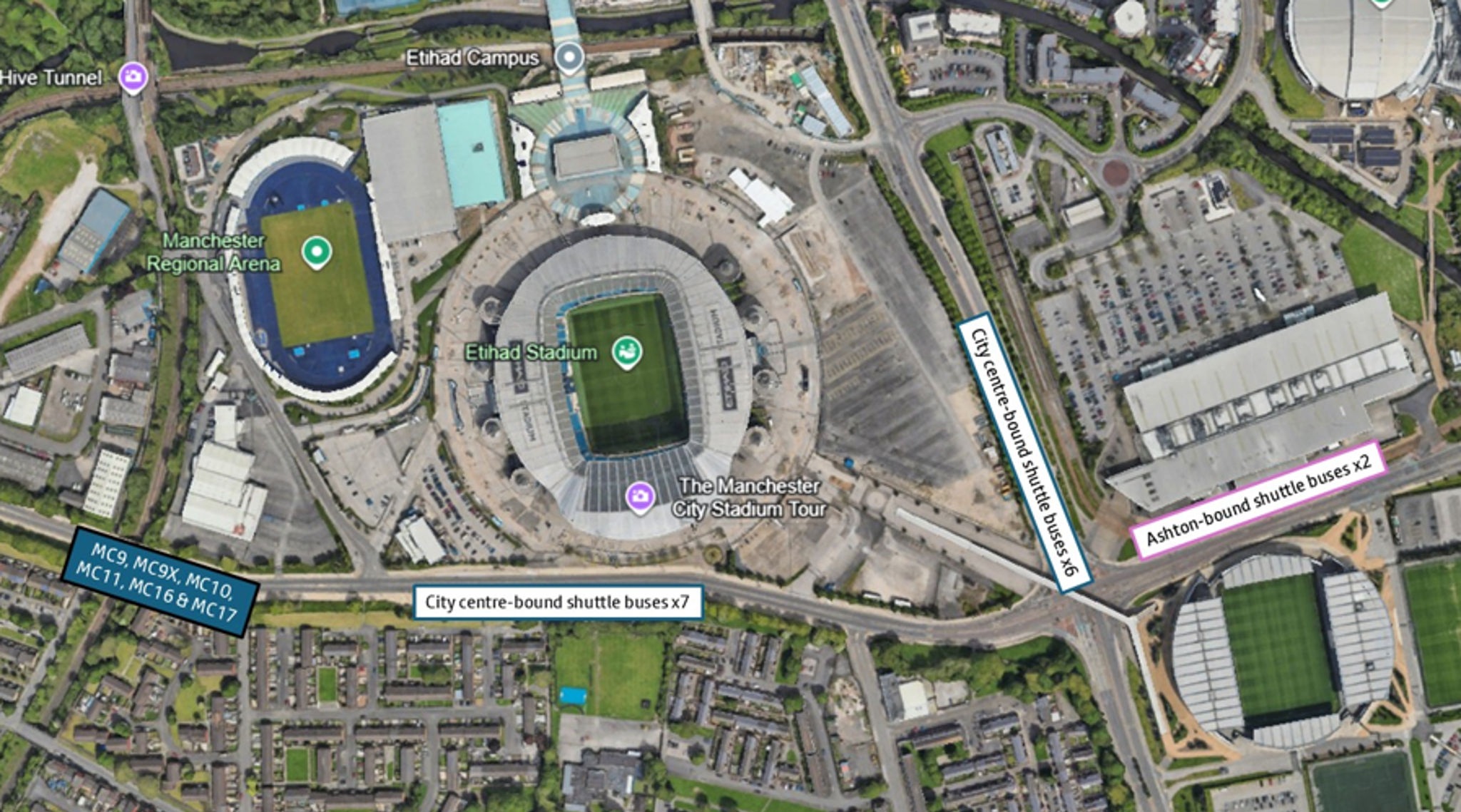 A satellite map view of the Etihad Stadium and surrounding area in Manchester, showing bus routes and locations like Manchester Regional Arena.