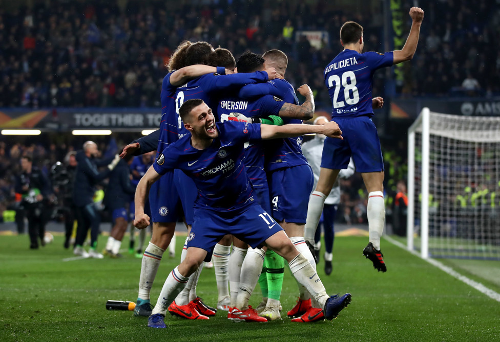 PURE PASSION! : The midfielder celebrates Chelsea going through to the Europa League final having beat Eintracht Frankfurt on penalties in May 2019