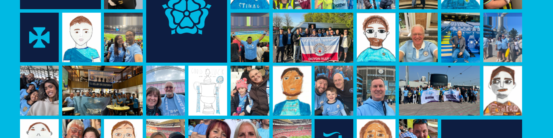 Collage of Manchester City fans and illustrated graphics, with various symbols and emblems.