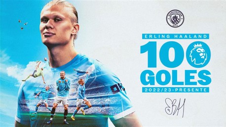 Image commemorating Erling Haaland's achievement of scoring 100 goals for Manchester City in the Premier League, featuring a stadium background, Manchester City logo, and a signature at the bottom.
