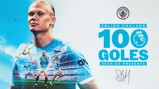Image commemorating Erling Haaland's achievement of scoring 100 goals for Manchester City in the Premier League, featuring a stadium background, Manchester City logo, and a signature at the bottom.