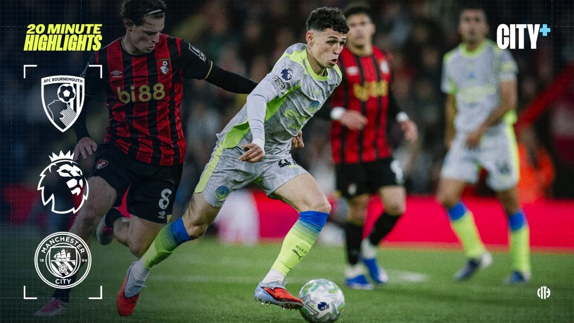 Manchester City vs AFC Bournemouth match highlights with Premier League branding, featuring a player in action with a City+ logo.