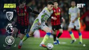 Manchester City vs AFC Bournemouth match highlights with Premier League branding, featuring a player in action with a City+ logo.