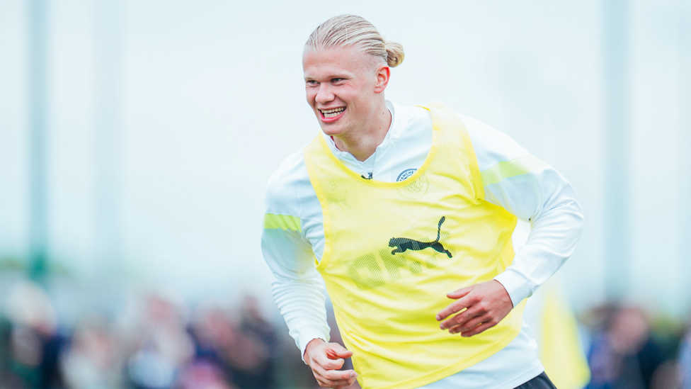 THE BOY FROM BRYNE : Erling Haaland putting in the work during Tuesday's training.
