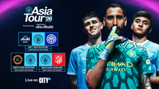 Manchester City Asia Tour 2026 poster with logos of Manchester City, Inter Milan, Korea K-League, and Atletico Madrid. Match dates and locations are provided. Broadcast on CITY+.