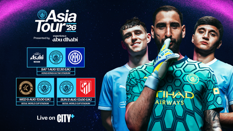 Manchester City Asia Tour 2026 poster with logos of Manchester City, Inter Milan, Korea K-League, and Atletico Madrid. Match dates and locations are provided. Broadcast on CITY+.