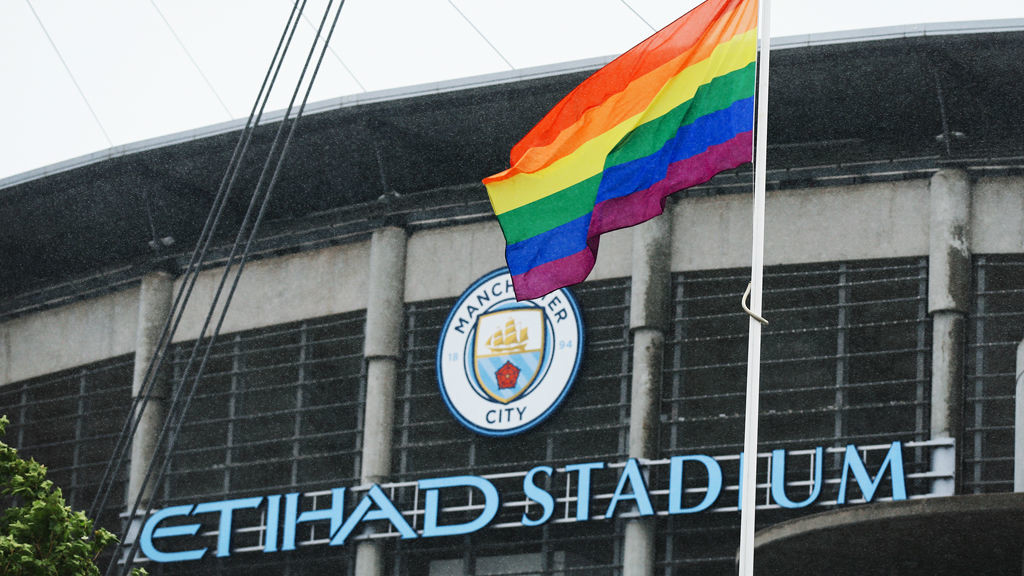 FLYING THE FLAG : The Pride flag is on display outside the Etihad Stadium