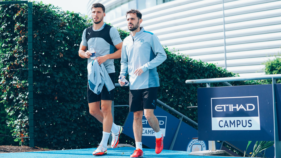 PORTUGAL'S FINEST : Bernardo and Dias arrive for training.