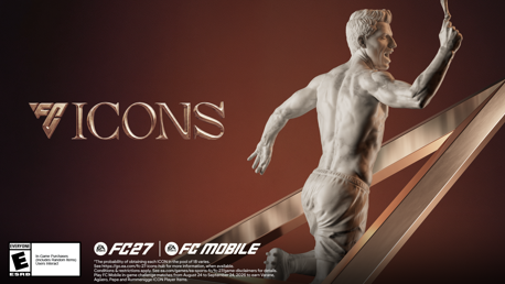 Image of 'FC Icons' with a marble statue of a football player on a copper background, featuring FC27 and FC Mobile logos.