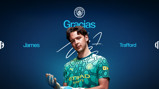 A person wearing a Manchester City goalkeeper jersey stands against a blue background. The text 'Gracias' and 'James Trafford' appears alongside the Manchester City logo.
