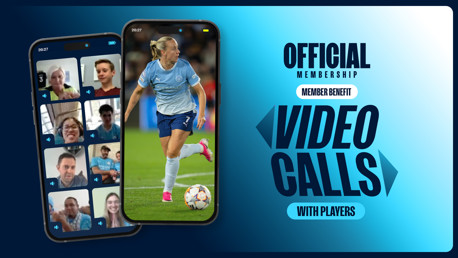 Graphic promoting official membership benefits featuring video calls with players. Includes two mobile phone screens showing a soccer player and participants in video calls.