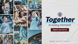 Collage of Manchester City football fans celebrating, with text promoting 26/27 season tickets.