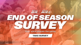 Promotional image for Barclays WSL and WSL2 End of Season Survey with text 'Your voice shapes the game. Take survey.' Background includes crowds and fans.