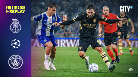 Players from Manchester City and Porto compete during a UEFA Champions League match. City+ replay promotion is on the left.
