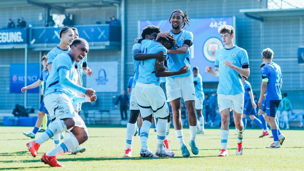 EUROPEAN DELIGHT : Reigan Heskey celebrates his goal in our Youth League win over Hoffenheim.