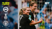 Two Manchester City players celebrating during a match against Brighton & Hove Albion in the Women's FA Cup. The image includes team logos and City+ branding.