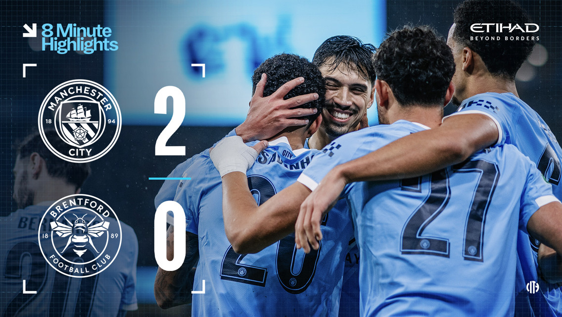 Image showing Manchester City defeating Brentford 2-0 with players celebrating. Includes Manchester City and Brentford logos, score, and text '8 Minute Highlights'.