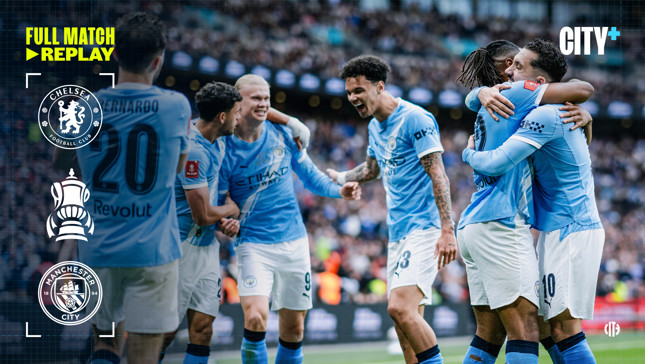 Manchester City players celebrating during a game against Chelsea with FA Cup and logos displayed on the side.
