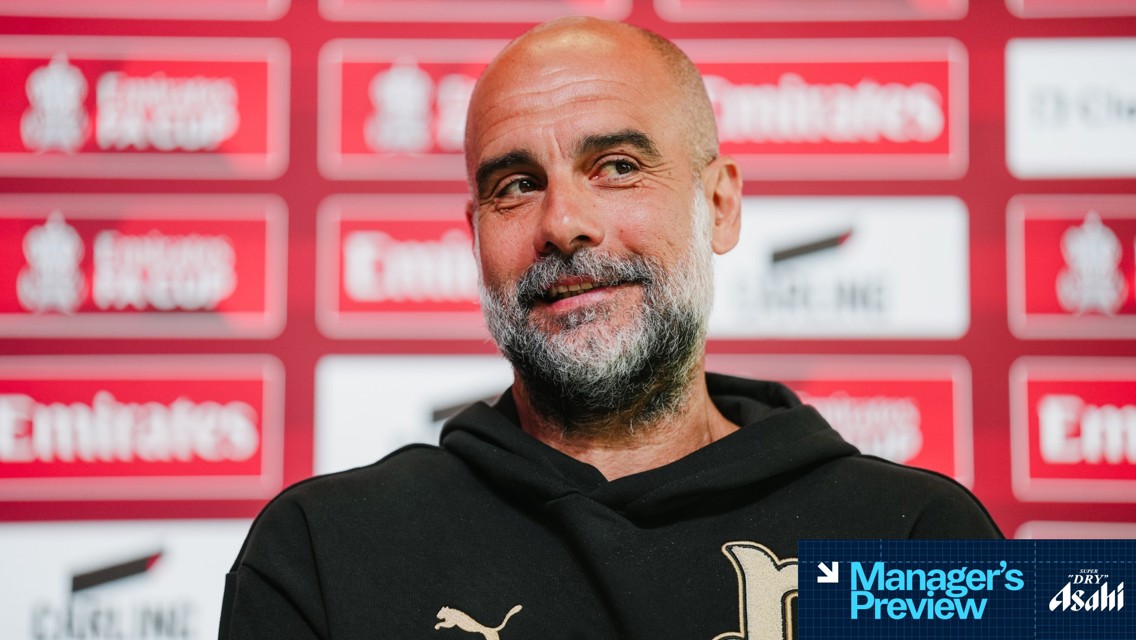 Person in a press conference with Emirates FA Cup branding in background. 'Manager's Preview' and 'Asahi Super Dry' logos are present on the bottom-right corner.