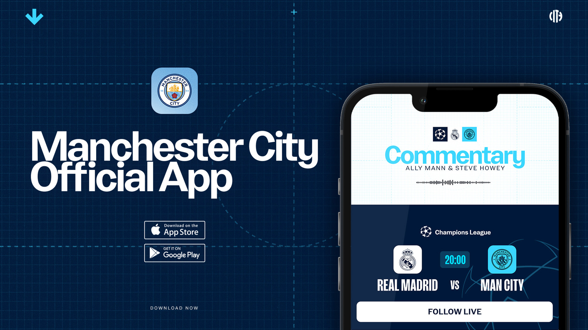 Promotional image for Manchester City Official App featuring commentary preview for a Real Madrid vs Man City UEFA Champions League match.