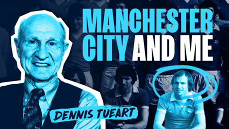 Blurred image featuring text 'Manchester City and Me' and name 'Dennis Tueart.'