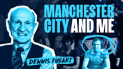 Blurred image featuring text 'Manchester City and Me' and name 'Dennis Tueart.'