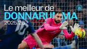 A soccer goalkeeper in pink attire making a save during a match, with text reading 'Le meilleur de Donnarumma 2025/26' and a Manchester City crest.