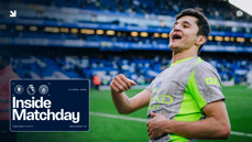 Blurred-out football player celebrating at a stadium with text overlay 'Inside Matchday' and details of Chelsea vs City match on 12 April 2026.