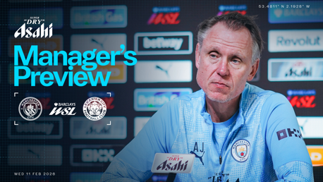 A manager's preview poster for the Manchester City vs. Leicester City match in the Barclays WSL, featuring the date Wed 11 Feb 2026 and sponsor Asahi.