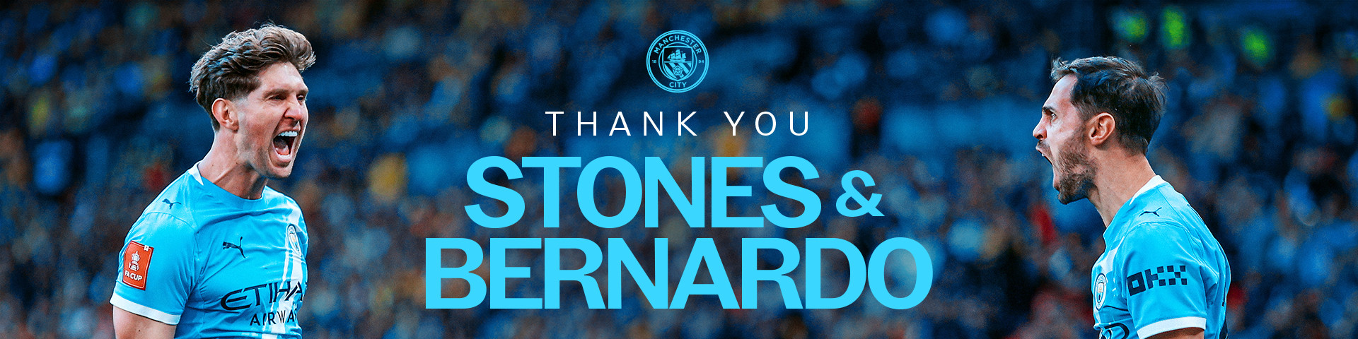 Two football players in blue jerseys on the field with a 'Thank You Stones & Bernardo' text overlay.