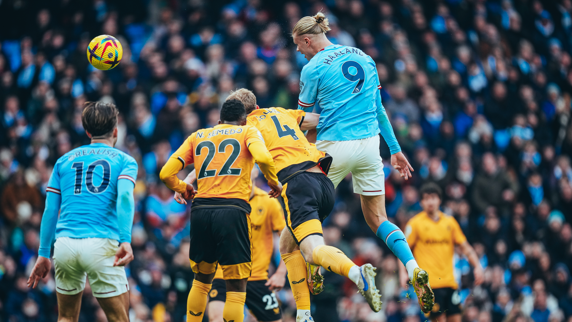 HEAD BOY: Erling Haaland powers home his opener for City