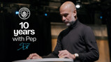 A person at a podium with the Manchester City logo and text '10 years with Pep'