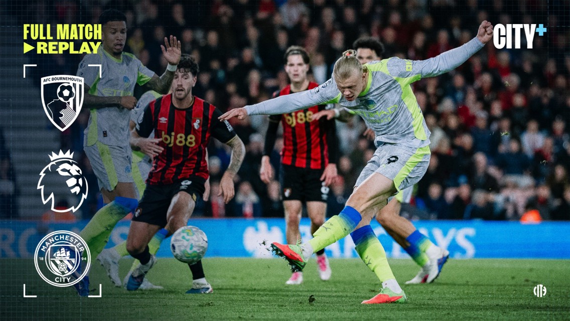 Two football teams, Manchester City and Bournemouth, compete with the City+ logo and Premier League logos visible, suggesting a full match replay.