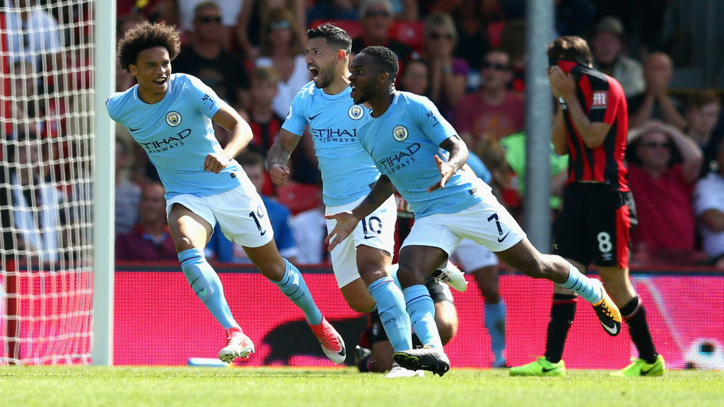 PURE JOY : Sterling rushes over to the travelling supporters as he snatches all three points in the final minute (at Bournemouth!)