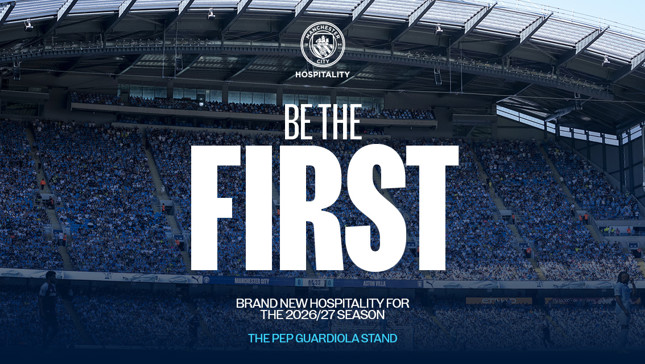 Promotional image for Manchester City Hospitality, highlighting 'The Pep Guardiola Stand' for the 2026/27 season at Etihad Stadium.