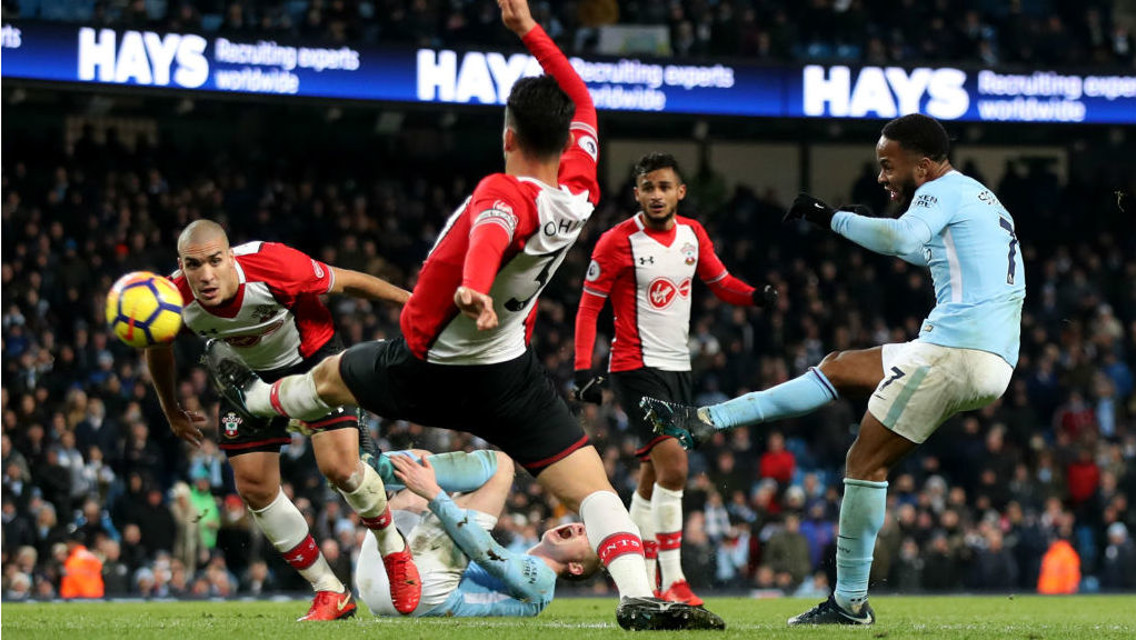 FABULOUS FINISH: Raheem Sterling curls home his stunning winner against Southampton