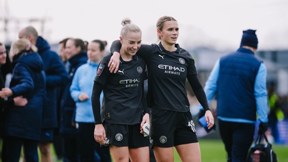 DEFENSIVE DUO : Alex Greenwood and Kerstin Casparij share a hug
