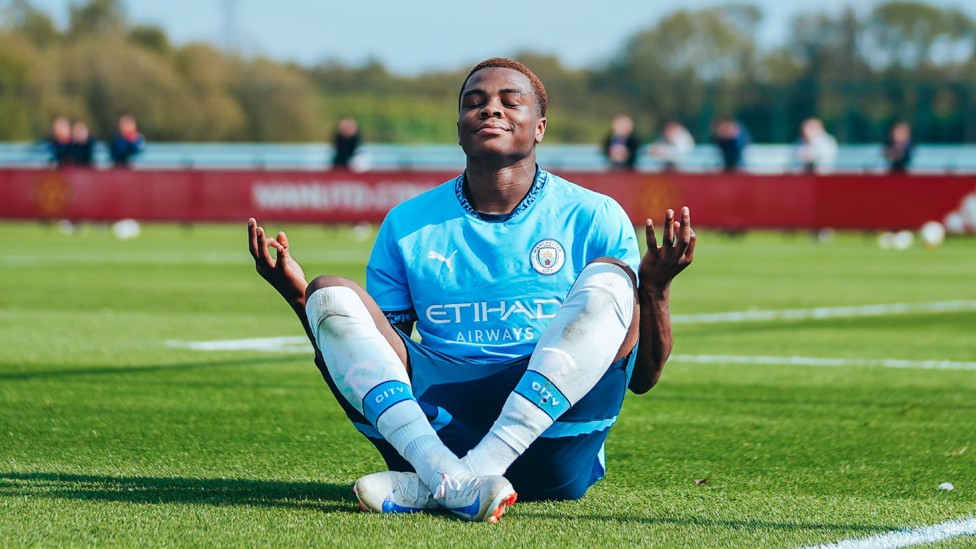 LOOKS FAMILIAR : Farid Alfa-Ruprecht with another celebration after our win over Manchester United. 