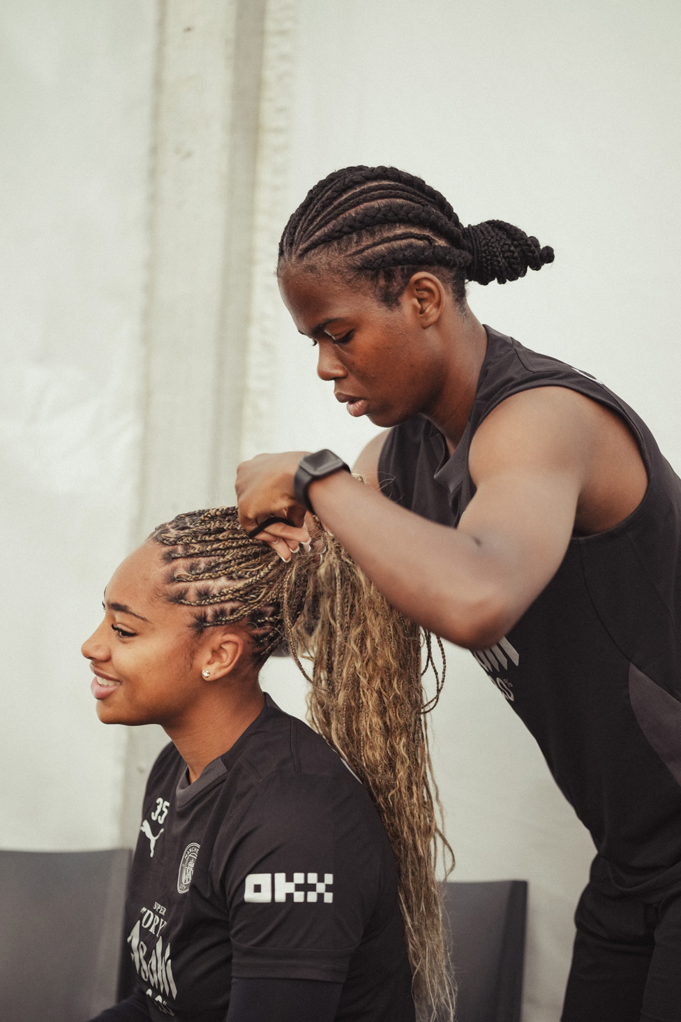 BUNNY'S BRAIDS: Bunny Shaw looks after Khiara Keating’s hair in La Manga