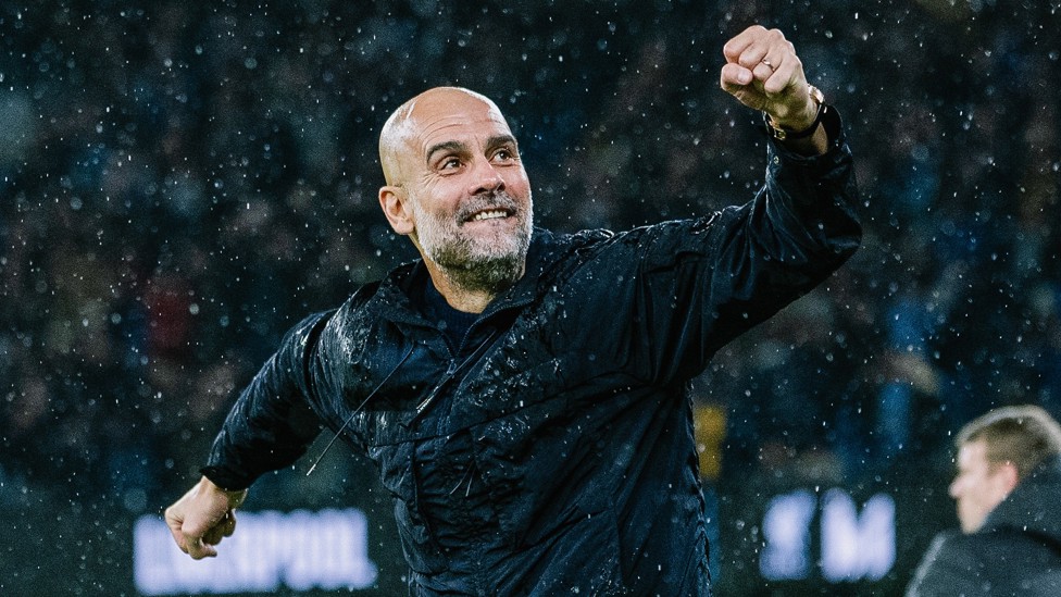HAPPY PEP : The boss celebrates on the touchline.