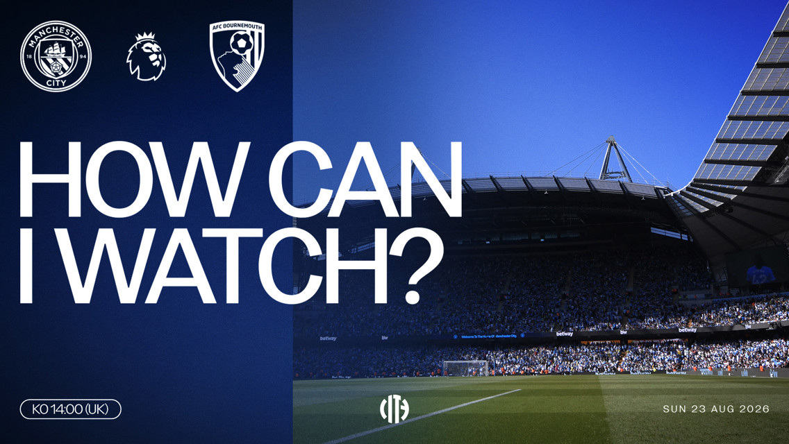 Promotional graphic for a Manchester City vs AFC Bournemouth match in the Premier League on August 23, 2026, at 14:00 UK time. Includes team logos and text 'How Can I Watch?'