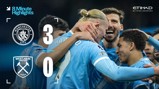 Promotional image for 8-minute highlights featuring Manchester City vs West Ham United. The score is 3-0. Team logos are visible with Manchester City players celebrating.