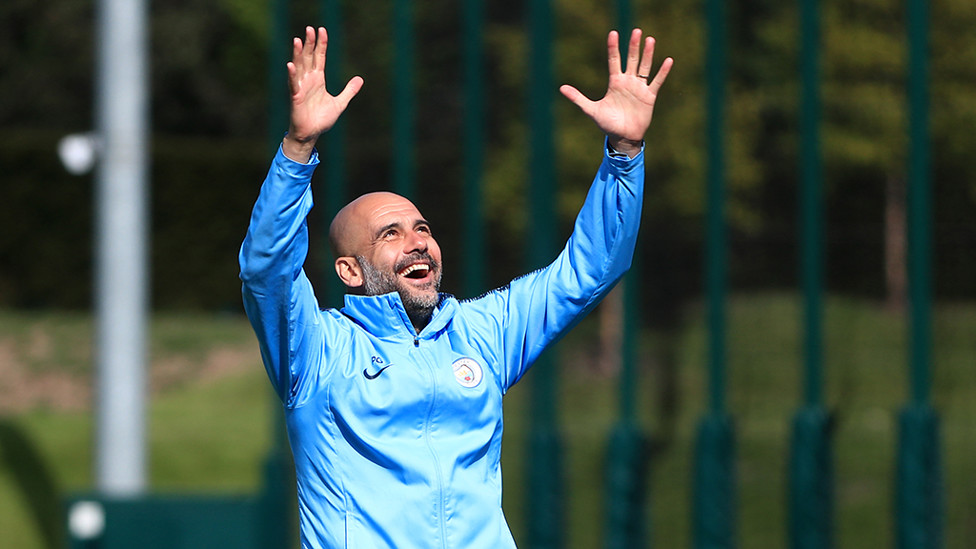 ALL SMILES : Something has amused manager Pep Guardiola as his City side train their sights on Saturday's FA Cup final